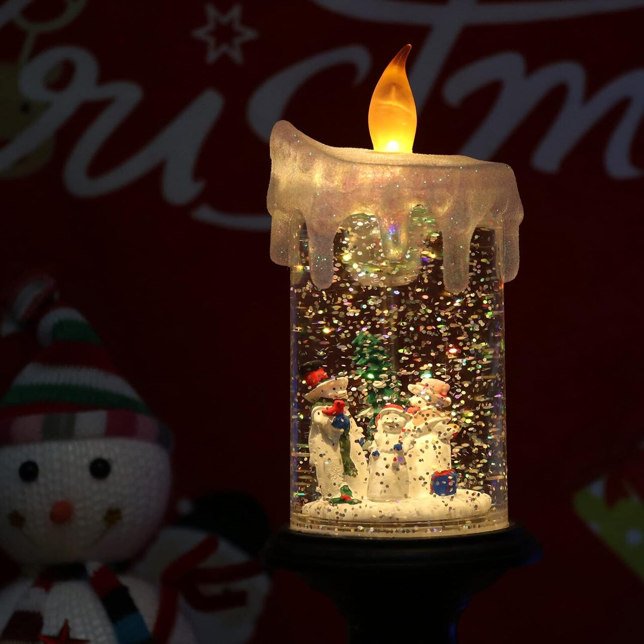 Christmas Snow Globe Candle Battery Operated Lighted Flameless Candles Light Swirling Water Glittering Spinning Candles for Home Decoration(Snowmen Family)